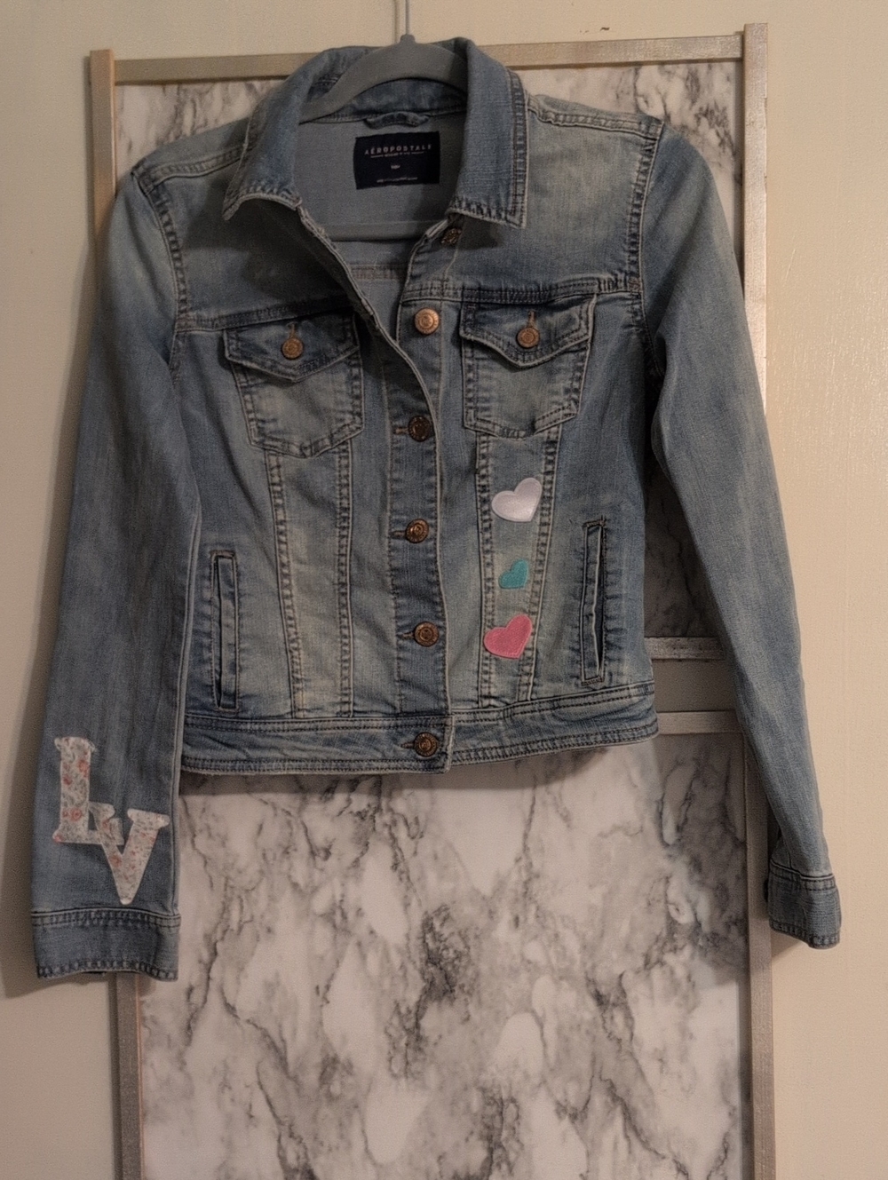 Upcycle Denim Jacket With Applique Of Rhinestones And Floral Decal